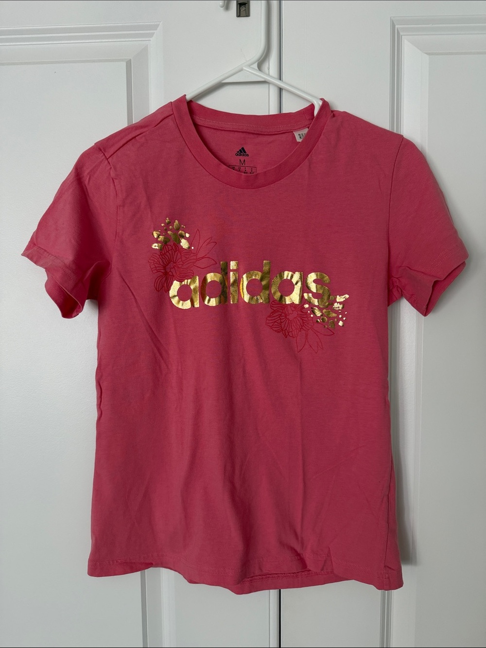 adidas Pink Tee with Gold Logo Floral Accent